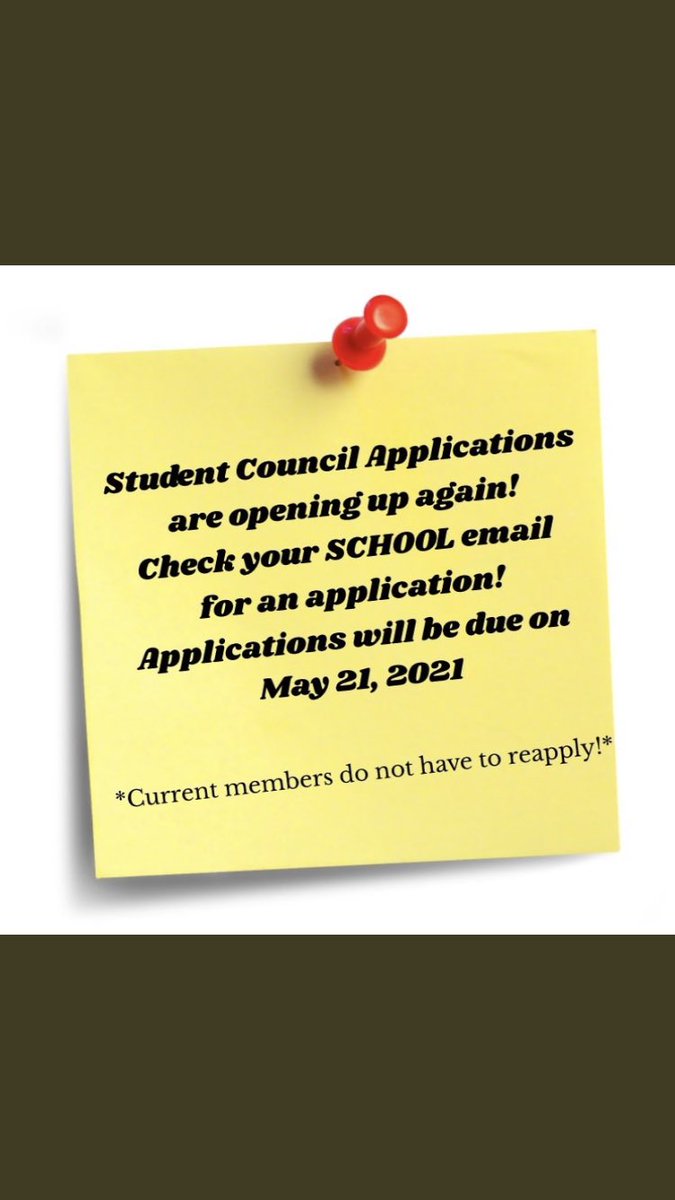 Don’t forget, new member Student Council applications are due tomorrow! Check your email for a link to apply.