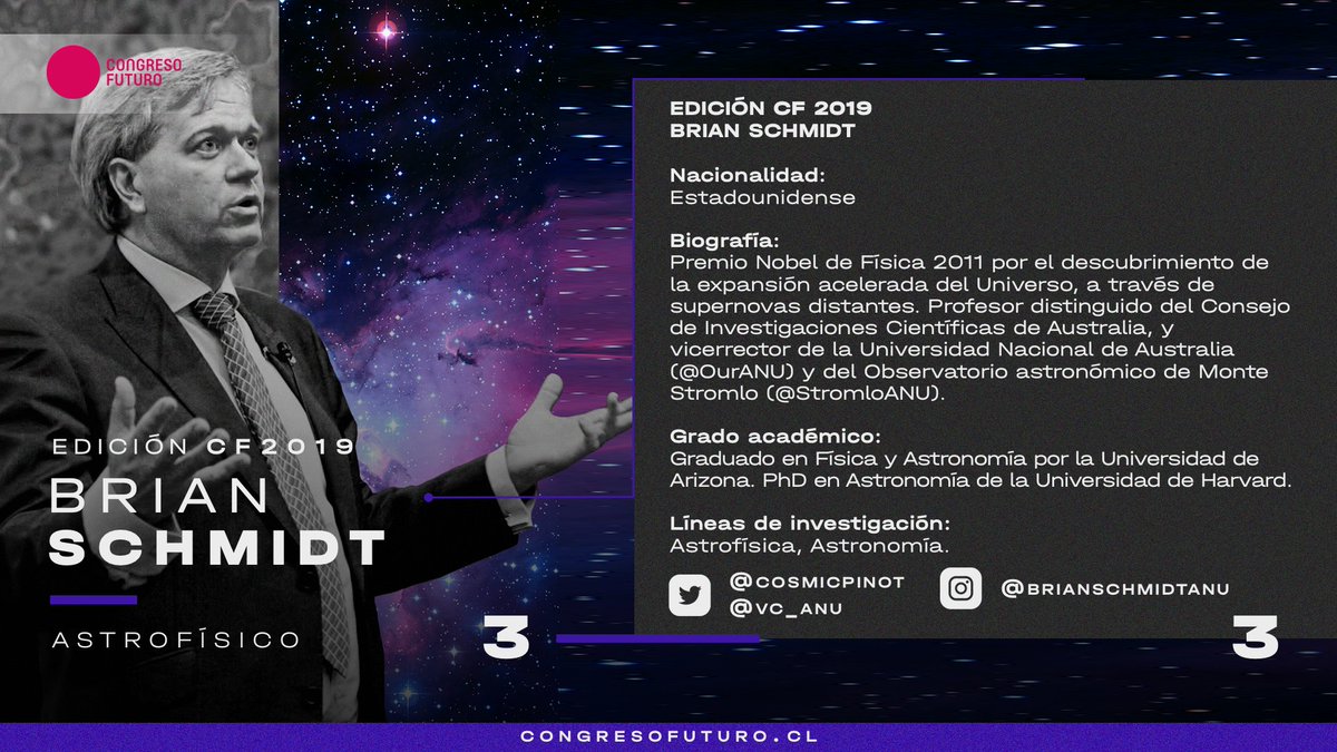 congresofuturo's tweet photo. ¡Seguimos con las entregas de la colección #CFCards! Hoy toca presentar a un Premio Nobel 🤩 Brian Schmidt recibió el máximo reconocimiento a su contribución en 2011 por el descubrimiento de la expansión acelerada del #universo, a través de la observación de supernovas distantes. https://t.co/RBTlqu3Eyp