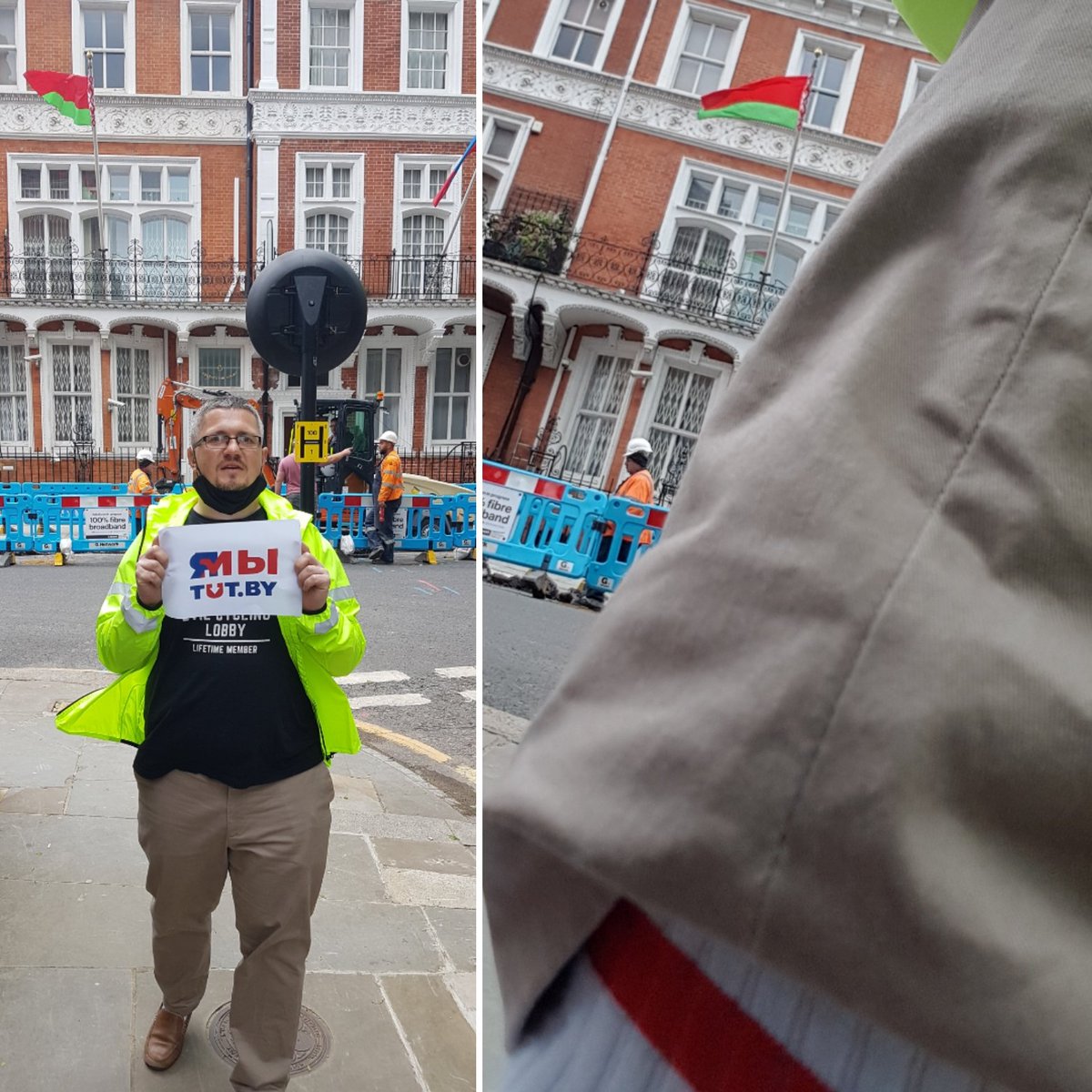 sielay's tweet photo. This is the an embassy of Belarus. Country that is now controlled by a fascist junta, that puts to jail for handling logo of the biggest online news page there (left) or wearing white-red clothes like my socks (right) #ЯМыТУТ #tutby #standwithbelarus https://t.co/MHuVGcMjaL