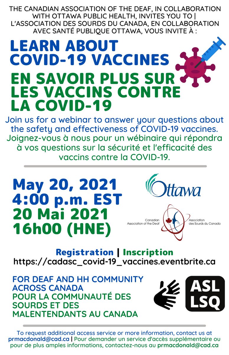 OttawaHealth's tweet photo. The @CADASC and OPH are thrilled to offer a webinar on COVID-19 vaccines this Thursday May 20th at 4pm for the Deaf or hard of hearing community across Canada. 
For more information and to register, click here: https://t.co/7x8XDxEvAa https://t.co/dqE5SRCXNS