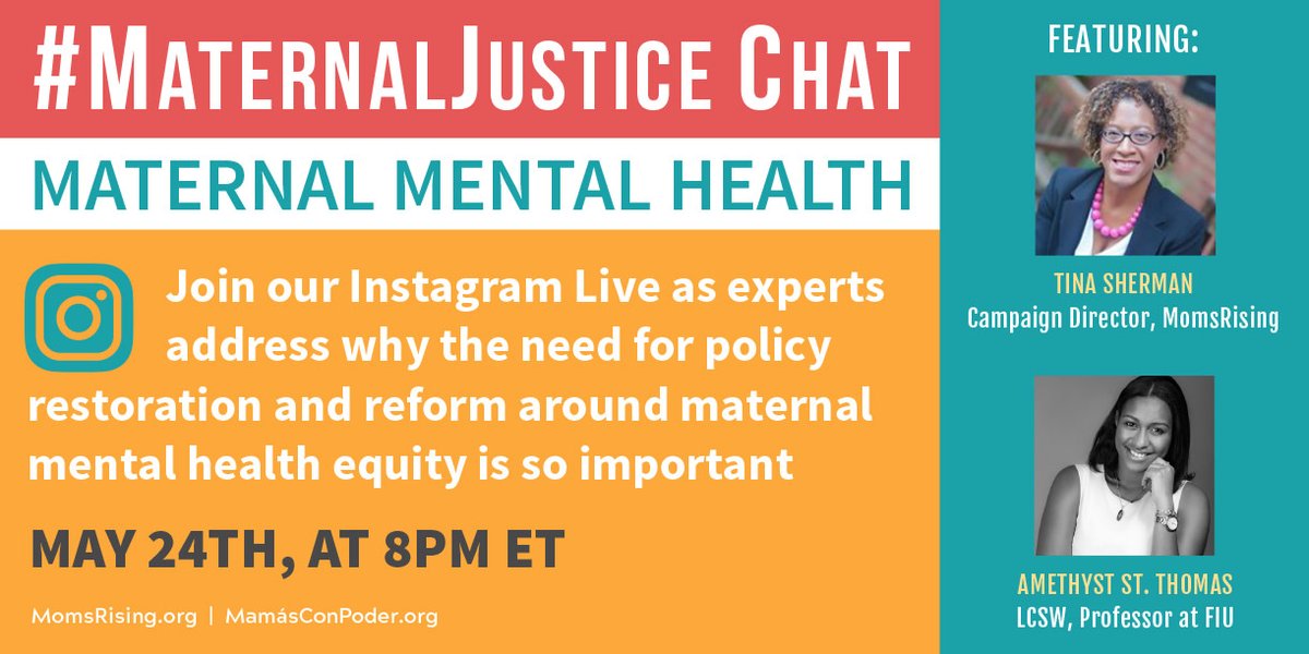 Join our #MaternalJustice Instagram LIVE on Mon, 5/24 @ 8pm ET on for a conversation about maternal mental health. Follow MomsRising on Instagram to learn more about how we can raise awareness to reduce the stigma of postpartum depression and anxiety in women and mothers.
