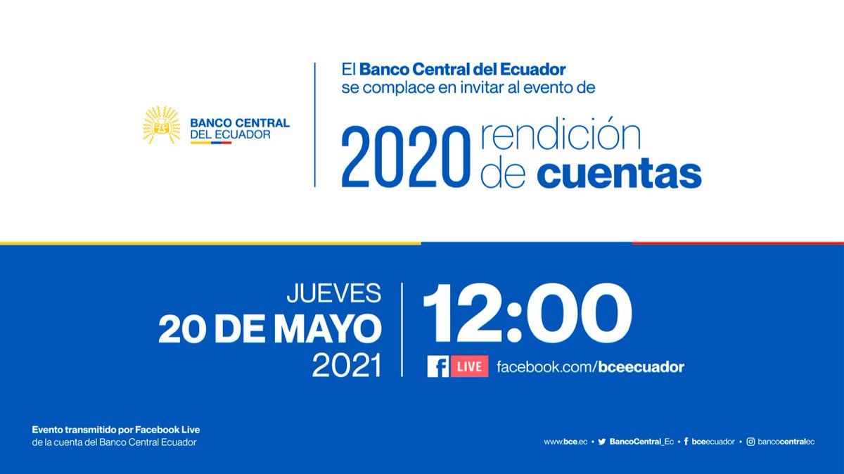 BancoCentral_Ec's tweet photo. HOY | Acompáñanos a la #RendiciónDeCuentas2020 del #BCE.

¡Tus aportes nos ayudarán a mejorar nuestra institución y a construir un mejor país!

🕛 12:00
🔴 En vivo por: https://t.co/ap2GKdsmUS

¡Dale like y comparte👍! https://t.co/yIFwkQ9RDg