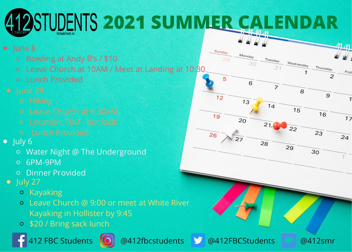 412FBCStudents's tweet photo. SUMMER CALENDAR!!!!
Check out our Summer Activities! Be sure to join us, if you have any questions you can contact Pastor Jeff.
Check back for updates as we get closer.
Kayaking, July 27, will require you to signup as we get nearer.
#412forsyth https://t.co/Nb6wpcXXCs