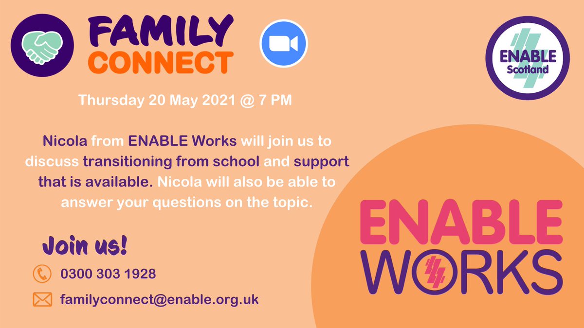Enable_Tweets's tweet photo. This week on #FamilyConnect we will be joined by Nicola from #EnableWorks to talk to us about transitions from school and answer YOUR questions about the topic.

⏰When: Thursday 20th May @ 7pm
💻Where: https://t.co/PiWch1bXIU 
🔐 Email/phone for passcode
📨☎️(details in image) https://t.co/dGFmXIJvvA