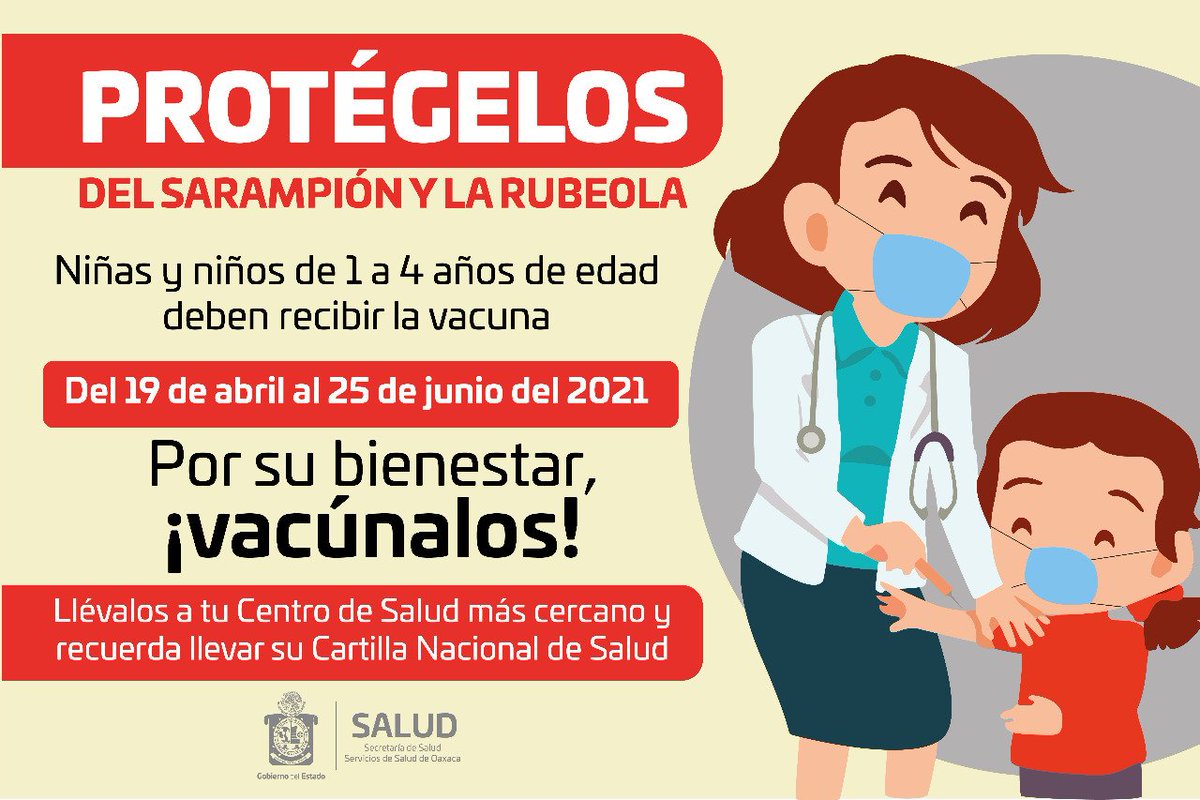 Si tu hija o hijo tiene entre 1 y 4 años de edad, deben acudir a su unidad médica para recibir la vacuna contra el #Sarampión y la #Rubeola.
Recuerda que al tener un esquema de #Vacunación completo, los proteges.