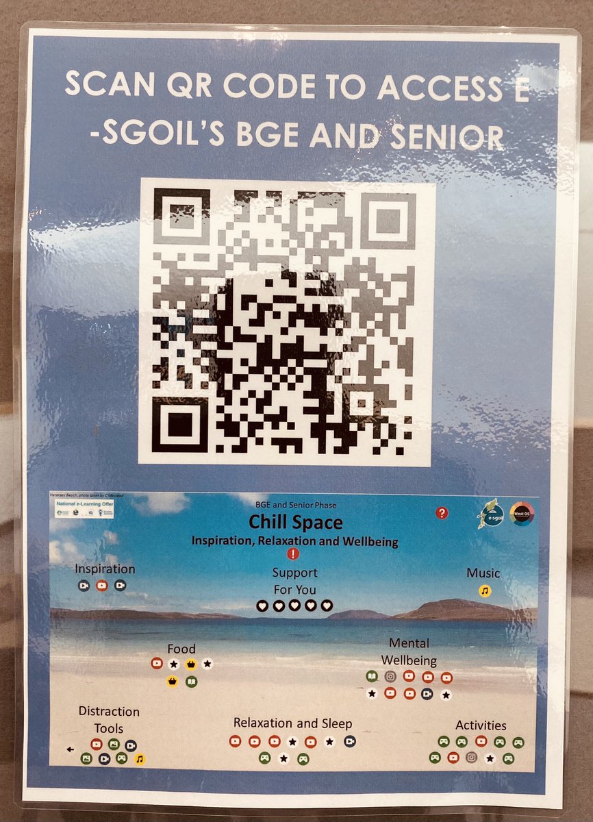 MrPDHT's tweet photo. Keep a lookout for these around the school. You can scan the QR code to access Esgoil’s Chill Space to access all sorts of resources to promote relaxation, stress management and well-being. https://t.co/FYPldqoVd5