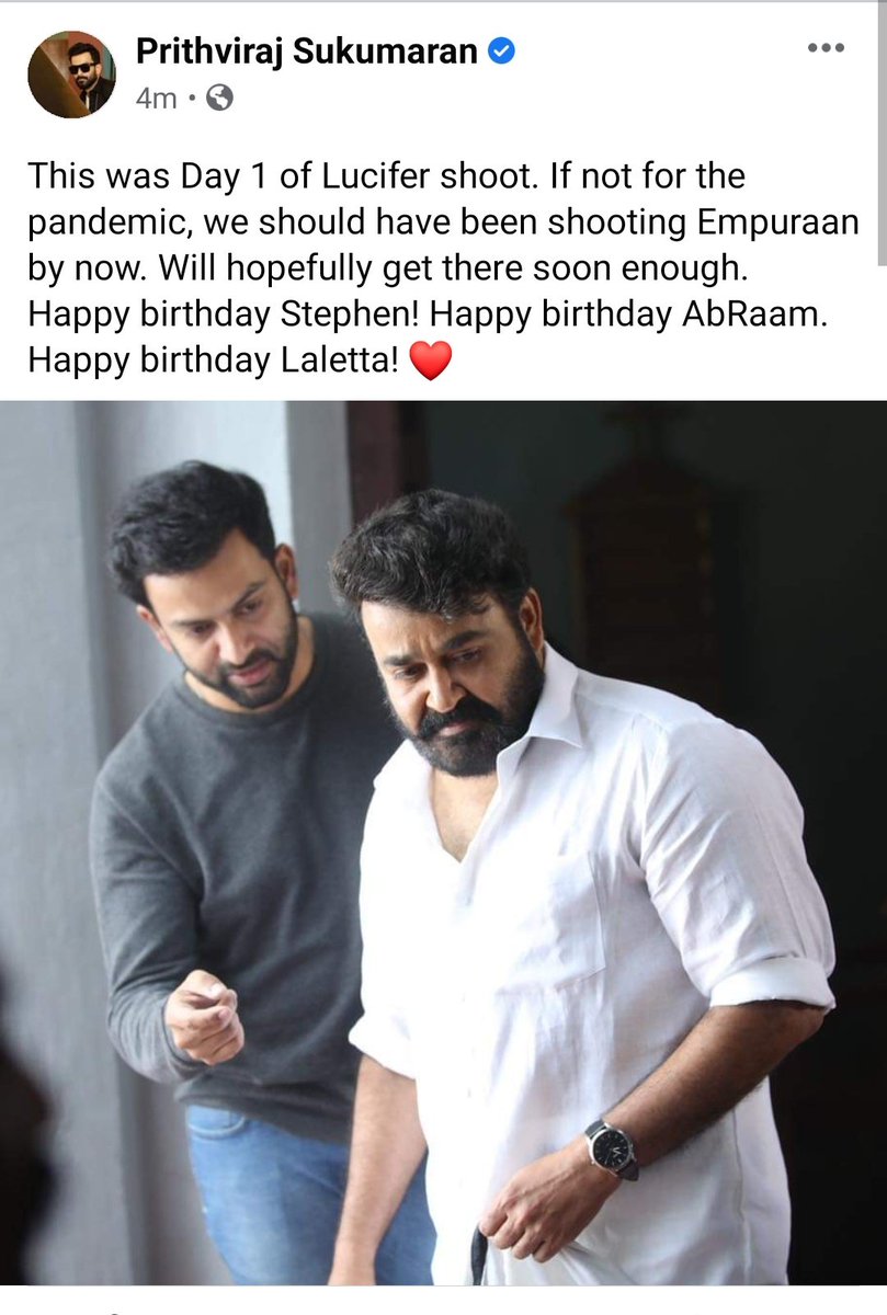 MohanlalMFC's tweet photo. Wishes From Stephen's Own Zayed Mazood 🔥😎

Waiting for EMPURAAN 🤗

#HappyBirthdayLalettan

  @Mohanlal @PrithviOfficial https://t.co/3hSDIRpq7g