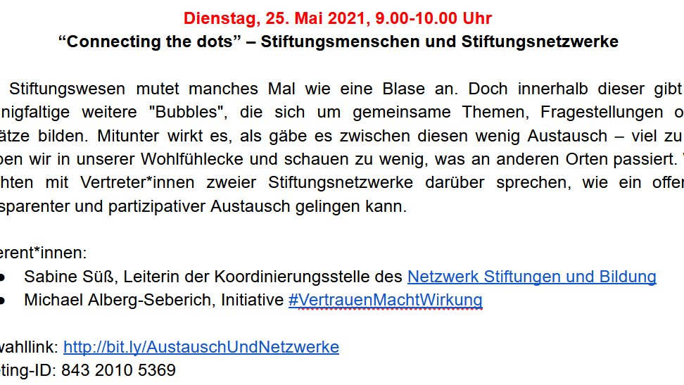 felixdresewski's tweet photo. An alle #Stiftungsmenschen #Stiftungen📣Bitte RT📣
Dienstag 25. Mai um 9 Uhr
Videokonferenz #Erfahrungsaustausch #Stiftungen #Coronakrise
Gespräch über Stiftungsnetzwerke mit #VertrauenMachtWirkung @InitiativeVMW Netzwerk Stiftungen und Bildung @steph_reuter @KarstenTimmer https://t.co/FEzxxGwHN5