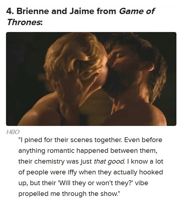 Jaime and Brienne made it to #4 of <a href="/BuzzFeed/">BuzzFeed</a>’s “26 TV Relationships That Were So Compelling, People Kept Watching The Show Just For Them”  

“Their chemistry was just that good.” Yes it was! So good that they’re still a beloved ship 2 years later.💕🙌🏻☕️

🔗buzzfeed.com/kellymartinez/…