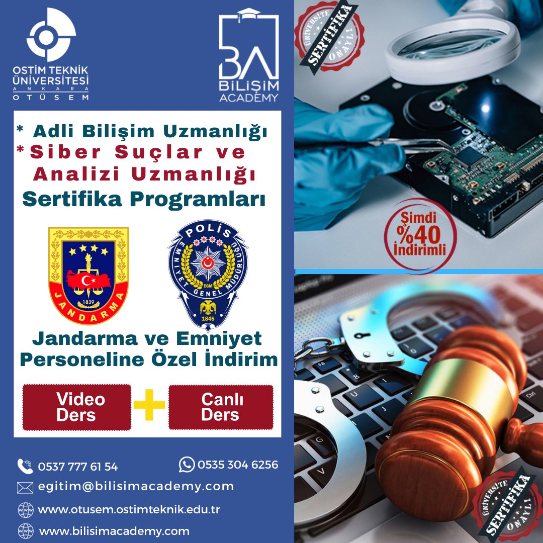 📣 1-Adli Bilişim Uzmanlığı Sertifika Programı |
📣 2-Siber Suçlar ve Analiz Yöntemleri Sertifika Programı 
Kayıt | Detaylı Bilgi :  bit.ly/2T4IqAe