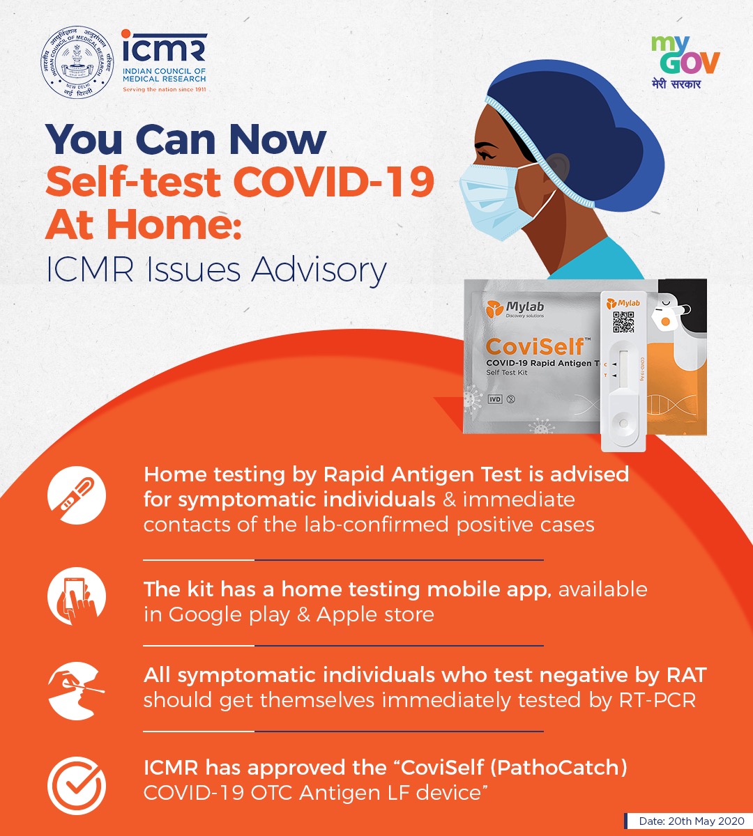 #CoronaUpdate 
#COVIDTestKit #HomeTesting #CoviSelf 
ICMR Issues advisory:
🔸Now, you can take #COVID19 test at home! 
🔸Self-use kit CoviSelf.

@ICMRDELHI @MoHFW_INDIA @CMOGuj @DDNewsGujarati