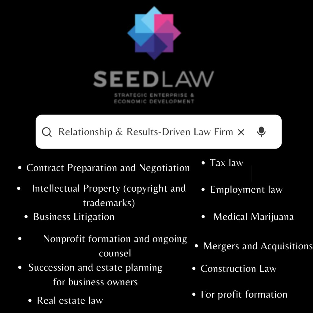 Give SEED Law a call or visit our website to schedule a 30-minute consultation with an attorney to discuss your business, your plans for the future, and how SEED Law can provide you with legal solutions.

#teamSEED #BusinessLaw #taxlaw #employmentlaw #constructionlaw #realestate