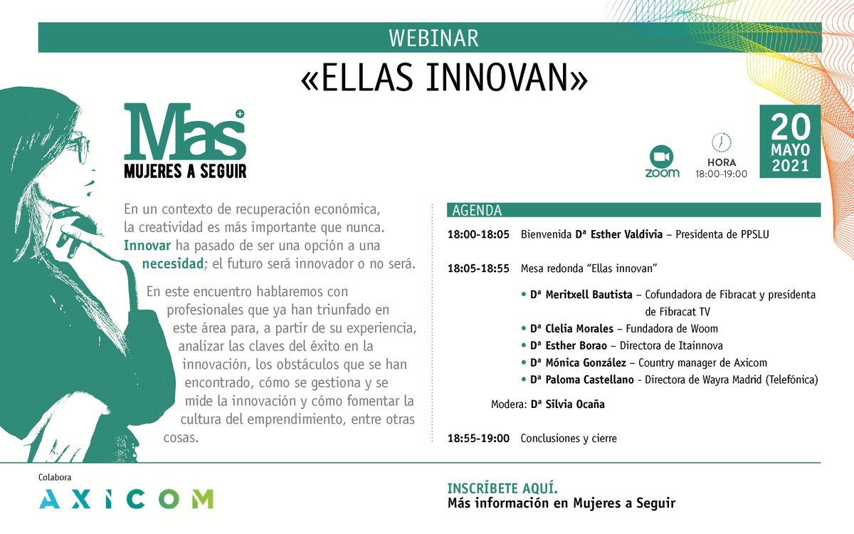 💥 Empezamos el #webinar '#EllasInnovan', que organizamos junto a <a href="/AxiComSpain/">AxiCom Spain</a>

➡️ Con la participación de <a href="/txellbq/">Meritxell Bautista</a>, <a href="/CleliaMorales/">Clelia Morales</a>, <a href="/EstherBorao/">Esther Borao</a>, <a href="/bloodymary/">Paloma Castellano</a>, <a href="/monicagortin/">monicagortin</a>, <a href="/EstherValdiviaC/">Esther Valdivia</a> y <a href="/silvia_ocana/">Silvia Ocaña</a>