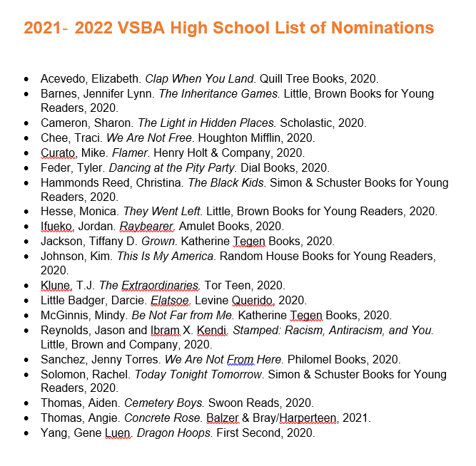 Check out the 2021-2022 VSBA High School Nominations!  We already have 15 of them in the school library for you to check out!! Check out the catalog collection at: cheathamlibrary.weebly.com