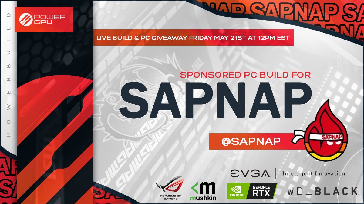 Tomorrow at 12pm est we will be building @sapnap a monster PC! Thats not all. Thanks to our amazing sponsors listed below, we will be building and giving away a PC as well. @TEAMEVGA @nvidia @MushkinEnhanced @ASUS_ROGNA @westerndigital