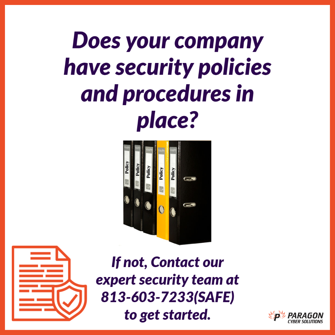 chooseparagon's tweet photo. Does your company have security policies and procedures in place? If not, contact our expert security team at 813-603-7233 (SAFE).
#securitypolicy #securityprocedures #cybersecurityawareness #infosec #infosecurity #InfoSecurityTips #cybersecurity https://t.co/1sBHRsUX0V