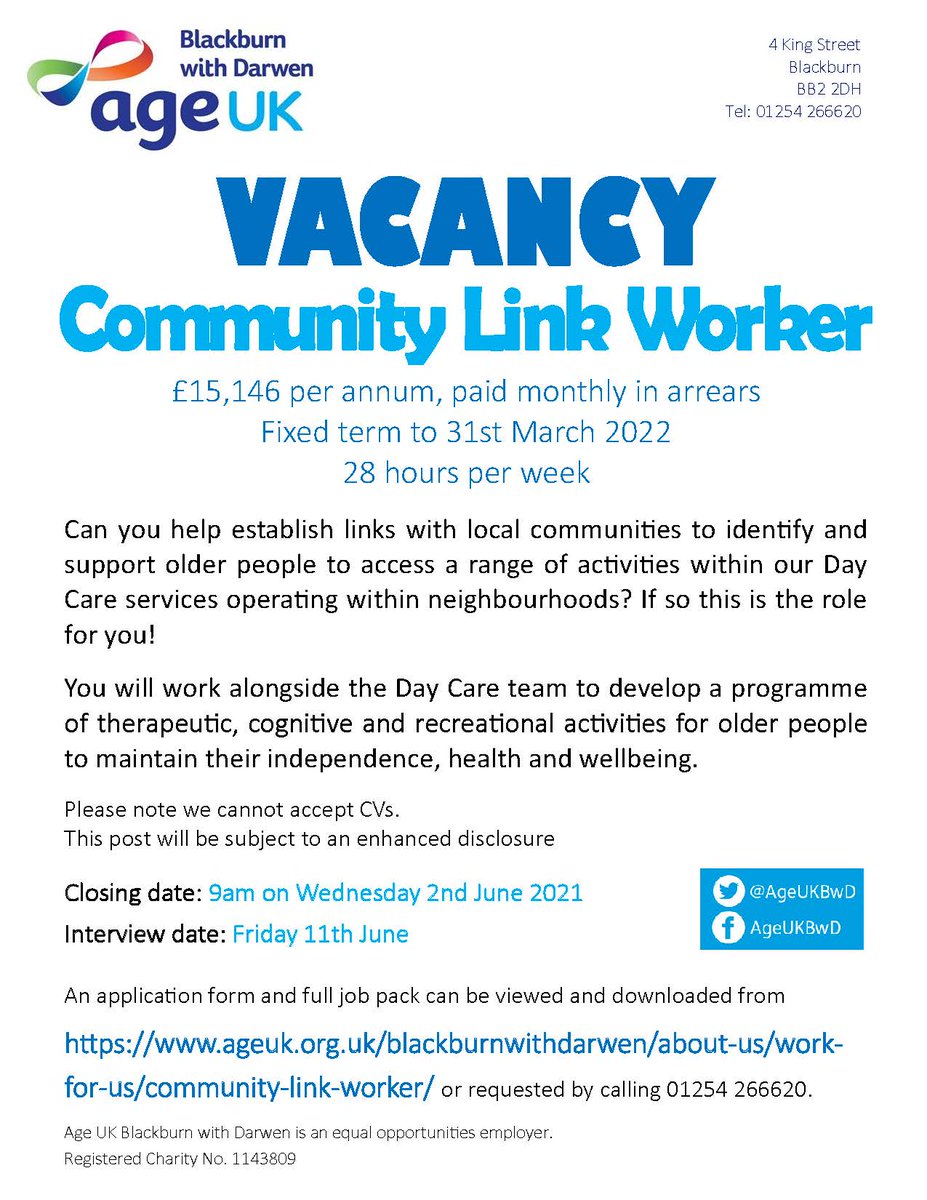 AgeUKBwD's tweet photo. Are you a people person looking for a new challenge as this job could be the one for you ? Come and work with our friendly team and make a difference to local older people. Closing date is 2nd June so get your application in
https://t.co/ZAbejstaH4 https://t.co/SvQZ37rBEx