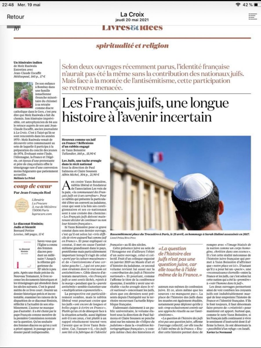 C'est dans <a href="/LaCroix/">La Croix</a> d'aujourd'hui. On y insiste sur le côté "sombre constat" de mon livre -- pas la totalité du livre, mais juste.
<a href="/Ed_Tallandier/">Éditions Tallandier</a>" : Heureux comme un juif en France ? Réflexions d'un rabbin engagé" : en vente dans toutes les bonnes pharmacies. heu... librairies.