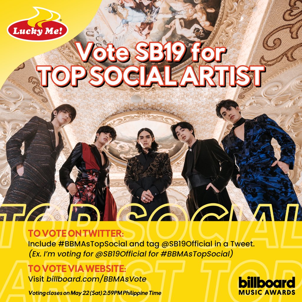 Proudly Pinoy! Let's vote for <a href="/SB19Official/">SB19 Official</a> as #BBMAsTopSocial artist by following the steps below or using this link: billboard.com/p/bbmasvote/

Best of luck to SB19!🤞
From your Lucky Me! family 💛