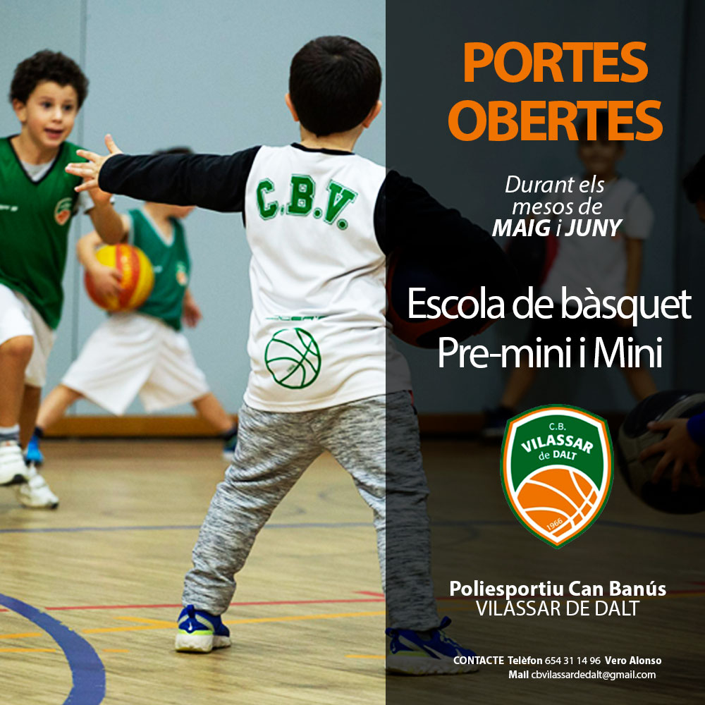 PORTES OBERTES CISTELLA PETITA

Fins a final de temporada, vine a provar amb els nostres grups d'escola, premini i mini🏀

ESCOLA
2014-2017

PRE-MINI
2013-2012

MINI
2011-2010

Contacte VERO ALONSO
654311496
cbvilassardedalt@gmail.com

#seguimcreixent

<a href="/cbvilassar_dalt/">C.B. Vilassar de Dalt</a>