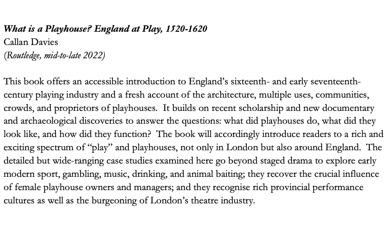 callanjd's tweet photo. I'm delighted to have signed a contract for my new book, "What is a Playhouse? England at Play, 1520-1620," to be published in affordable paperback with @routledgebooks next year! 🎉🥂
🎭🤺🎳🐻🦃🎻🎼🃏♠️🎲🍺🛖 https://t.co/qlEhrchRdw