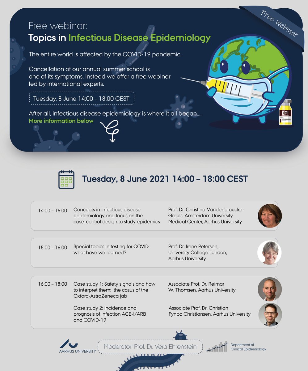📣 Join our free webinar on Topics in Infectious Disease Epidemiology 

📅 Tuesday, 8 June at 14:00-18:00 CEST (8:00am-12:00 noon EDT) on Zoom 

💻 Sign up at kea.au.dk/education/webi… 

#epitwitter #COVID19