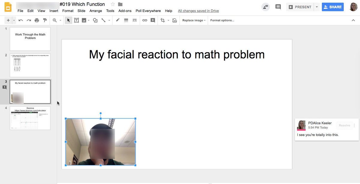 alicekeeler's tweet photo. I told the students that their first step in working through a math problem is to add a selfie of how they feel about the problem. #csufmath #googlemath https://t.co/qm4RkTnYWl #googleEDU https://t.co/Vo6rNzEzAb