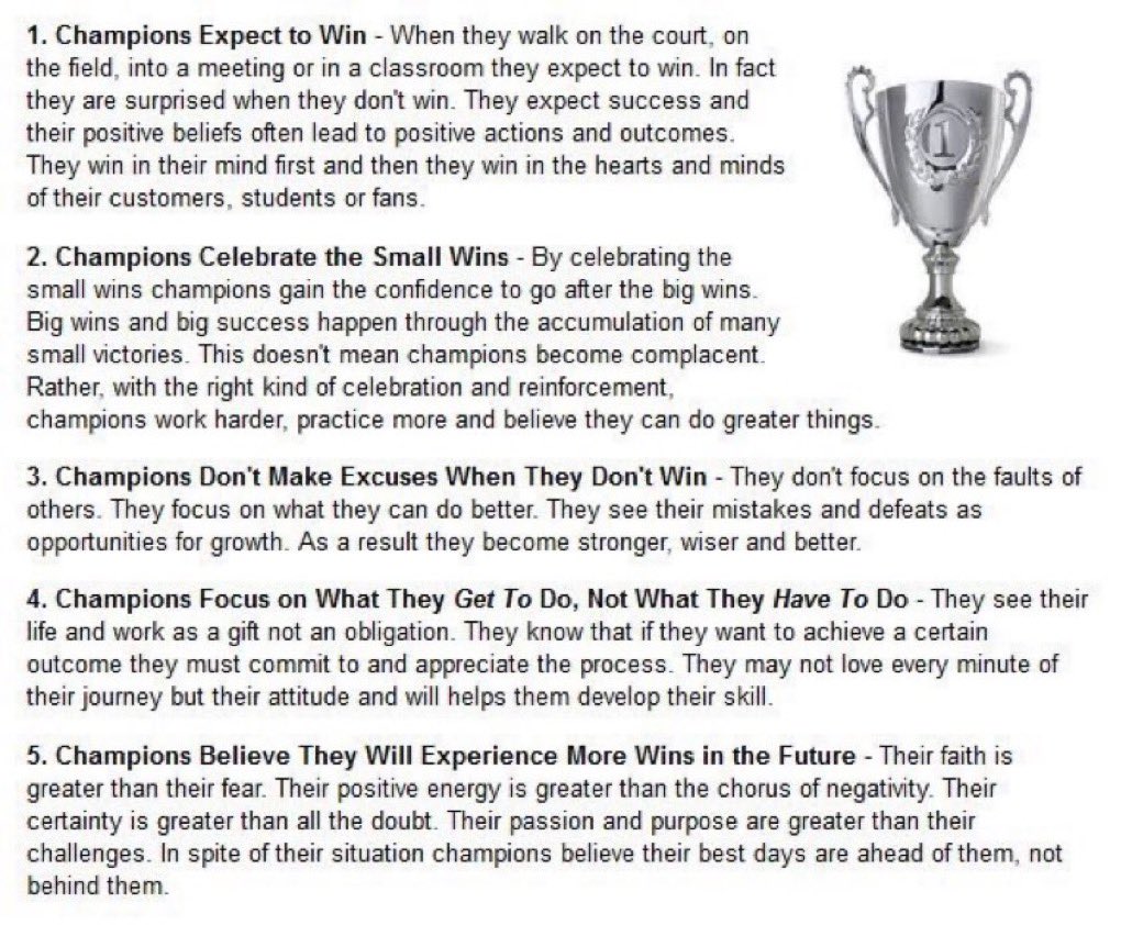 5 Ways to Think Like a Champion 

(P.S., Champions aren't born. They are shaped and molded. And as iron sharpens iron you can develop your mindset and the mindset of your team with the right thinking, beliefs and expectations that lead to powerful actions.)