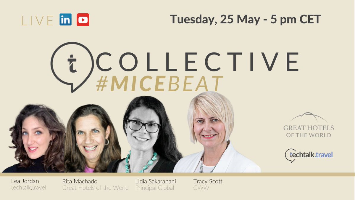 Join us 🔴 COLLECTIVE #MICEBEAT live on📍Linkedin &amp; YouTube: Tracy Scott-@CWW_HQ and Lidia Sakarapani-<a href="/principalge/">Principal G.E.</a> join co-hosts Rita Machado/Great Hotels of the World and <a href="/Jordan8Lea/">Lea Jordan</a> to discuss and share insights #MICE #eventprofs #hotels <a href="/GreatHotelsPR/">Ashleigh</a> bit.ly/3eomg2J