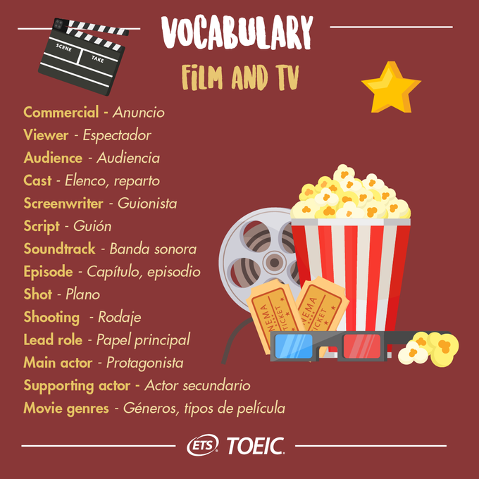 Uleidiomas's tweet photo. Buenos días, en este #FelizSábado repasamos vocabulario relativo al cine y televisión #TOEIC
📆Próx. convocatoria: 17/06/2021
📝 https://t.co/FebC5KZZsn
#Uleidiomas #idiomas #LearnEnglish #Unileon #inglés🇬🇧🇺🇸 #Capman #english #aprendering #englishclass #englishfun #LeónEsp🦁 https://t.co/fc5a7A9RmX