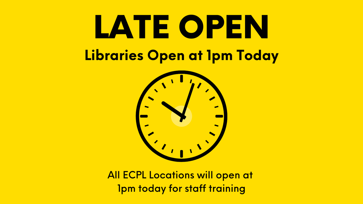 ErieLibrary's tweet image. All ECPL Locations will open at 1pm today to conduct Staff Training. See you in the afternoon!