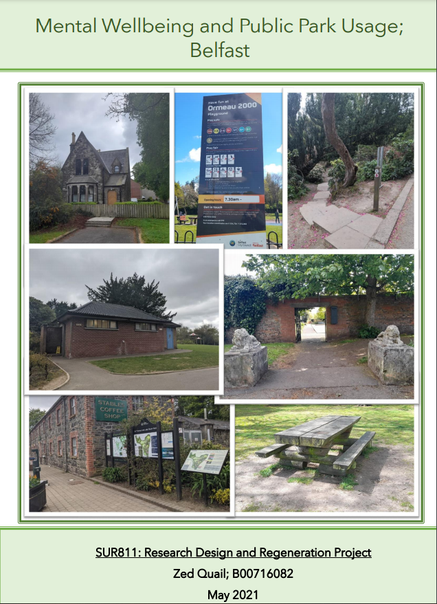 QuailZed's tweet photo. Happy to be turning in my SUR811 Research Design Project; investigating the relationship that exists between mental wellbeing and how we use our public parks. It couldn't have been done without the support of my supervisor @grafferty. Excited for the future 🧠🌲 https://t.co/To1yOdNVEq