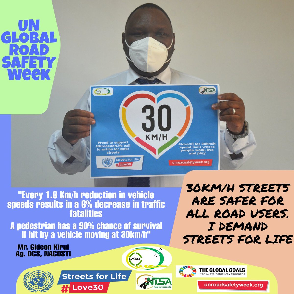 nacosti's tweet photo. Every 1.6 km/h reduction in vehicle speeds results in a 6% decrease in traffic fatalities. A pedestrian also has a 90 percent chance of survival if hit by a vehicle moving at 30 Km/h. This is part of the statistical reasons why NACOSTI supports #love30 during the #UNGRSW https://t.co/P24duvl0a5