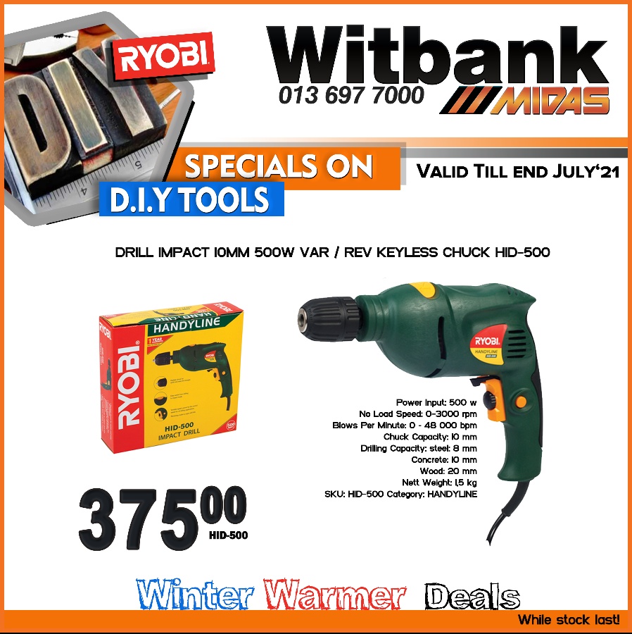 spareswisewtb's tweet photo. Impact Drill 10MM 500W VAR / REV Keyless Chuck ONLY R375 at Midas Witbank!
Valid until end of July!
#ryobi #ryobipowertools #ImpactDrill #WinterWarmerDeals #diy #diytools #qualitytools #midaswitbank https://t.co/SBiLMUt7N8