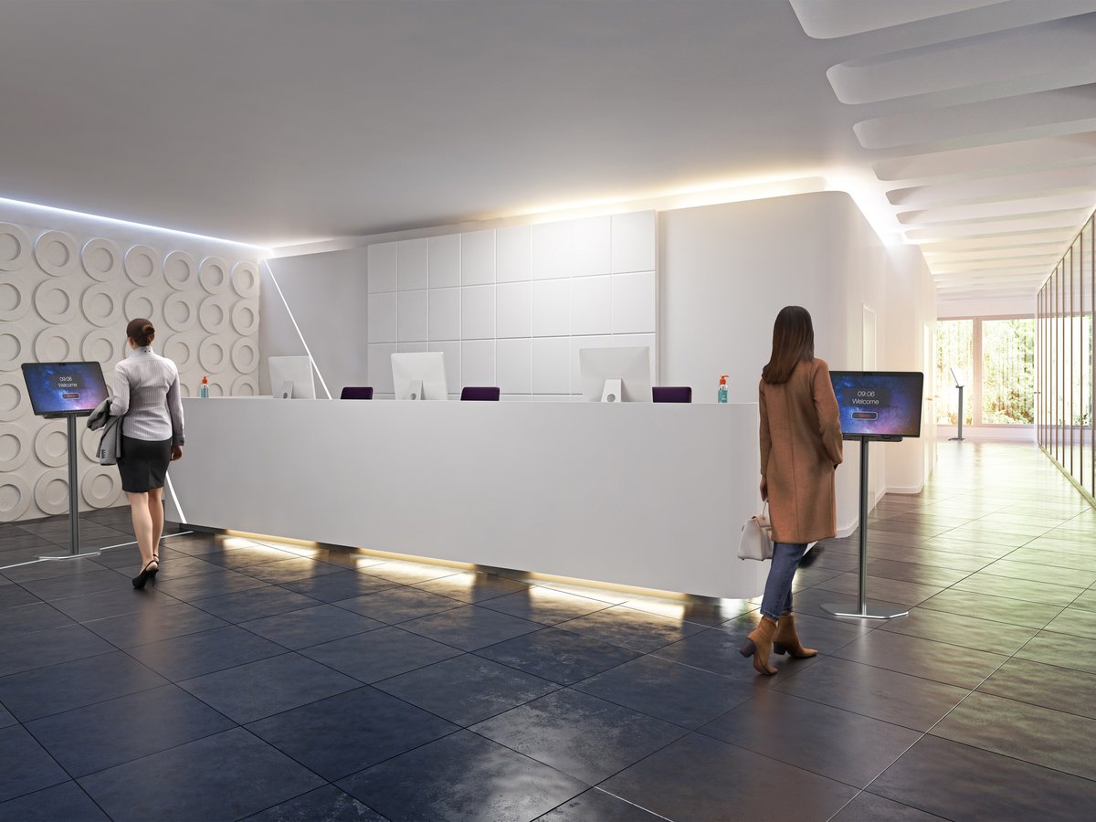urbentech's tweet photo. Urben Kiosks for virtual receptionists are a sleek and simple way to give staff the flexibility to perform tasks away from the front desk. These kiosk feature @dten Me (27" touchscreen) and @Zoom Rooms. 
#ZoomRooms #MeetingSpaces #VirtualReception #VideoConferencing #Tech https://t.co/Fu5aLLERQu