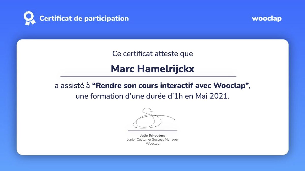 hamel1853's tweet photo. Je suis ravi(e) de vous partager mon #Certificat @wooclapFR !
Obtenu suite à une formation réalisée par @JulieSchouters 👩‍🏫
Hâte de dynamiser mes cours et de créer de l’interaction avec mes étudiants sur Wooclap ! 👏
#MerciWooclap https://t.co/sqgZk3d294