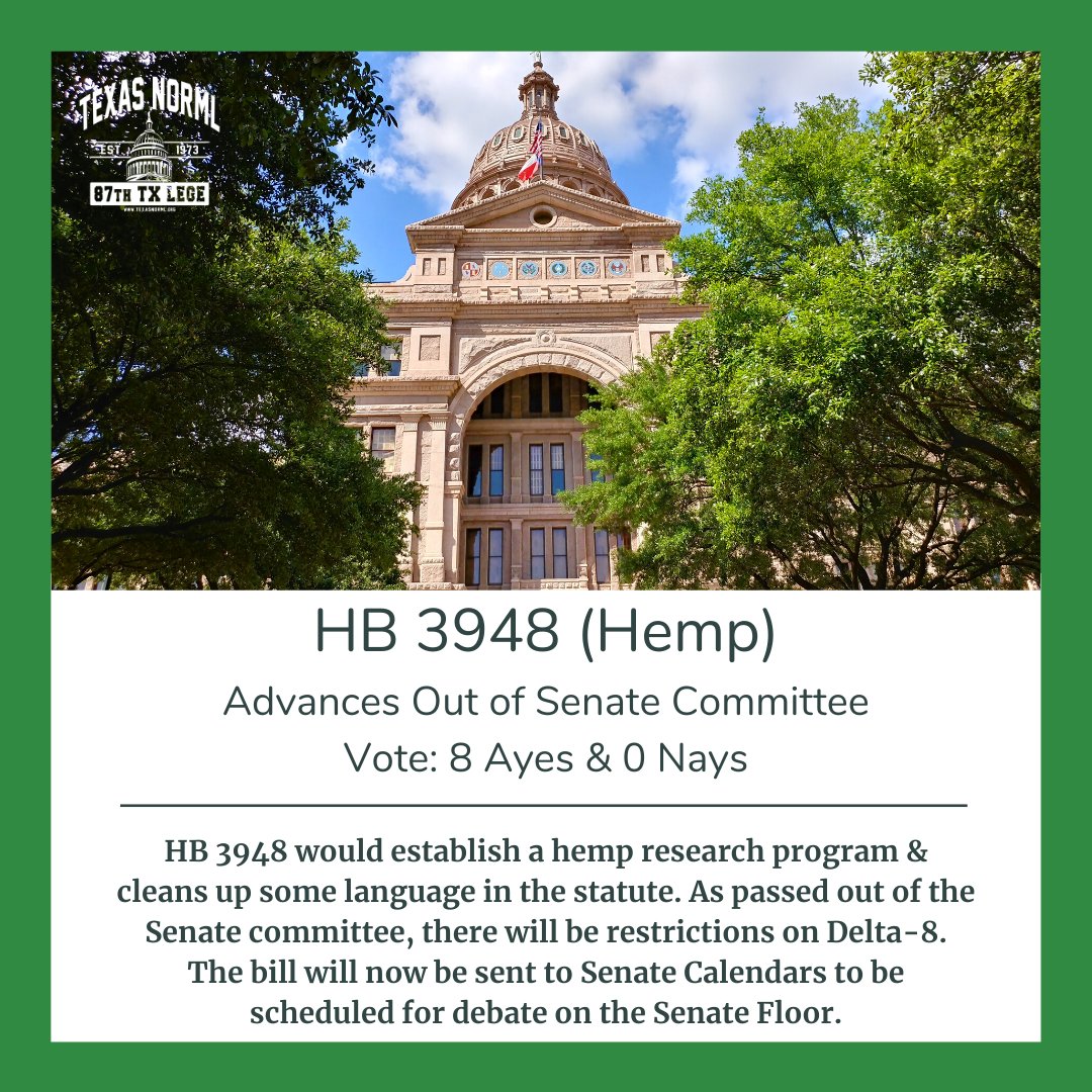 TexasNORML's tweet photo. As passed out of Senate committee, #HB3948 will restrict #Delta8. This change in the law could affect hundreds (if not thousands) of businesses and their customers. #Hemp #txlege #TexasNORML
Identify your Texas State Senator & their Capitol contact here: https://t.co/dLme6ECqun https://t.co/OdAXozcEKj
