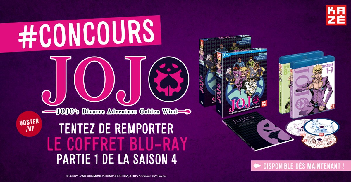 Kazemanga_fr's tweet photo. 🐞 #CONCOURS 🐞
Tentez de remporter 1 coffret Blu-ray partie 1 de #JojosBizarreAdventure #GoldenWind 👊
🚩Comment participer ?🚩 
☝️ Follow @KazeFrance 
✌️ RT ce tweet 
TAS 27/05 📅 https://t.co/IRkbt9RTOK