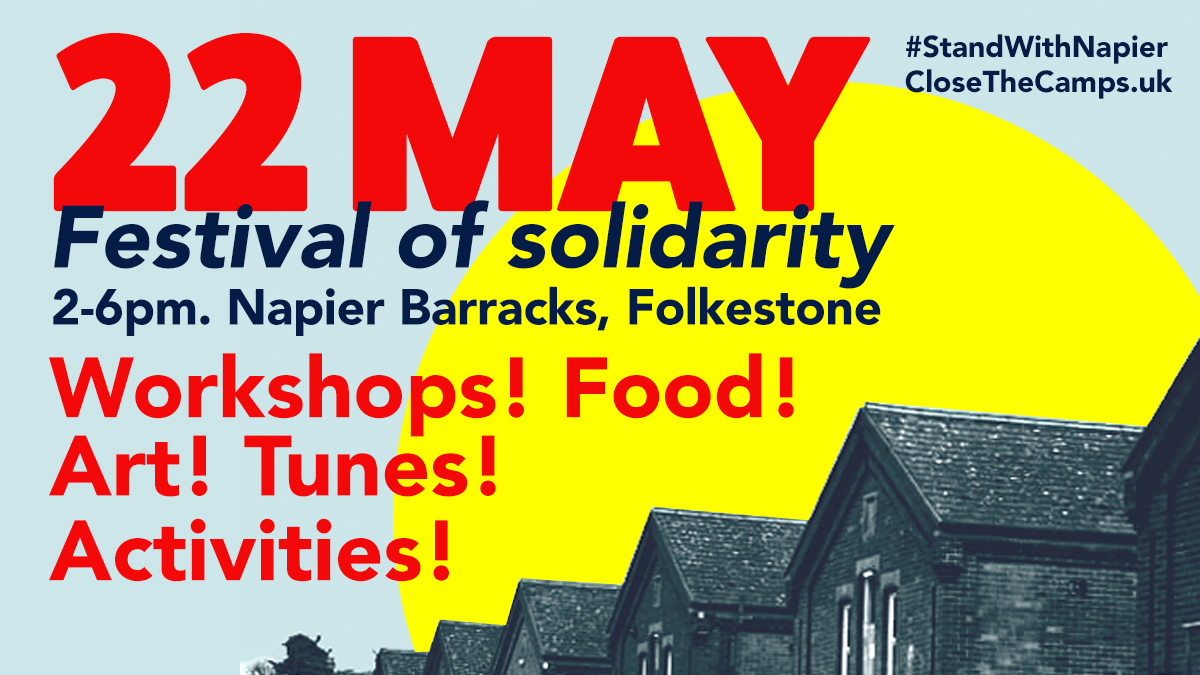 "Offering friendship and solidarity to asylum seekers is about who we choose to be as human beings".
#Napier residents and activists organised a Festival of Solidarity this Saturday 22 May. Join us to #StandWithNapier and demand to #CloseTheCamps. 
Info on closethecamps.uk
