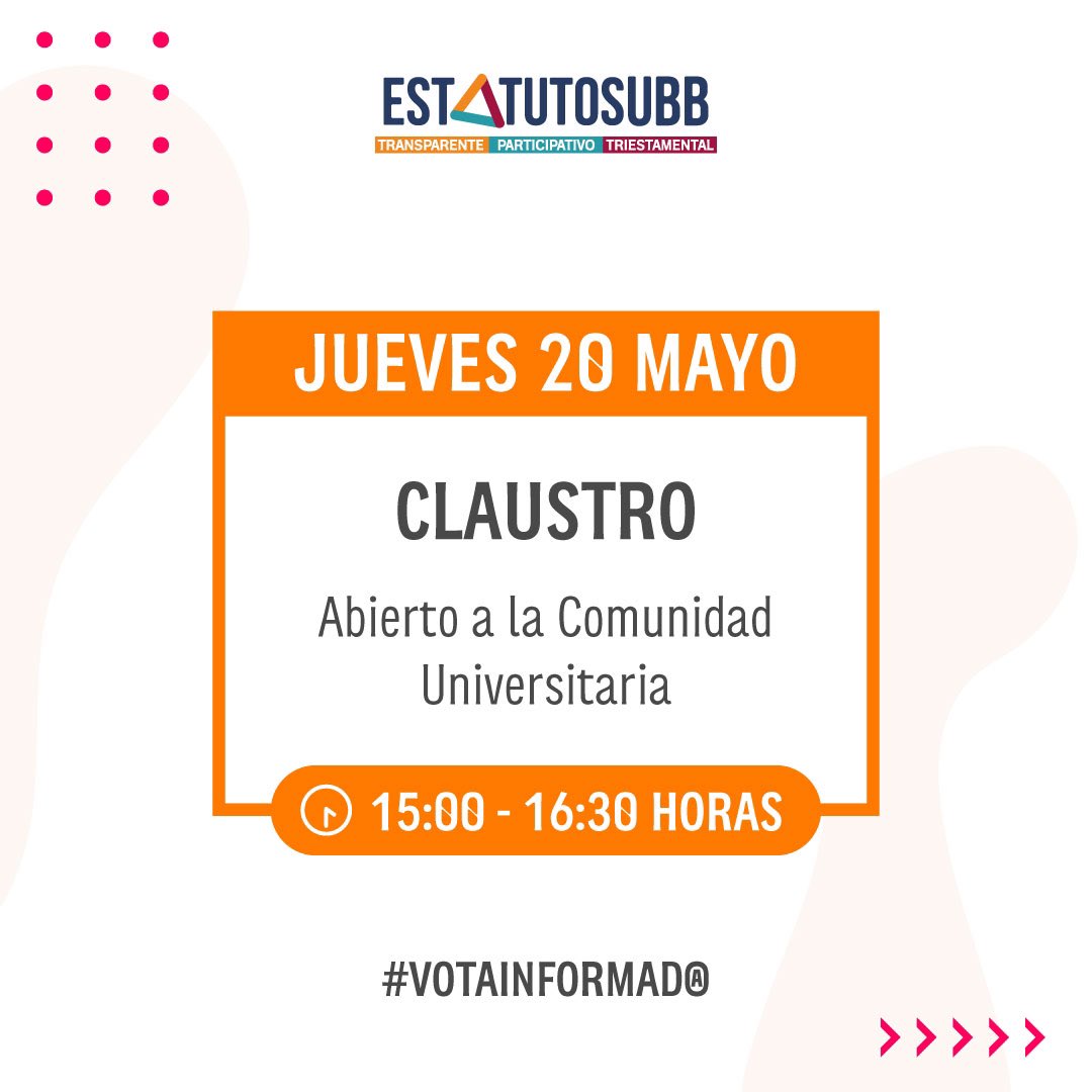 📢 Claustros Triestamentales 📢
Continuamos con los Claustros abiertos a la Comunidad Universitaria para el día de hoy 🙌🏻

☝🏻En estatutos.ubiobio.cl encuentras toda la información del proceso estatutario.

Este 1 de Junio #VotaInformado #VotaInformada #EstatutosUBB #Plebiscito