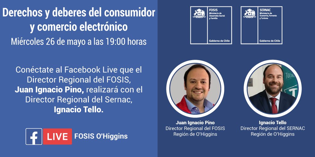 ¿Conoces los derechos y deberes del consumidor en el comercio electrónico? 🤔Te invitamos a una nueva  charla de Sernac y FOSIS #OHiggins donde podrás interiorizarte sobre el tema y despejar tus dudas con los panelistas. 
📅Miércoles 26 de mayo 
⏰19 horas 
📲En nuestra fanpage
