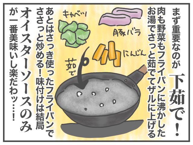 我が家の野菜炒め・最終形態ッ!!!
詳しくはブログへ▼
(レシピと呼ぶほどでもないけど…)
https://t.co/NCZ21R2AMr
まぁでも、娘が今より小さい頃は下茹でする暇なんてなかったなと思います…。
#ババアの漫画 