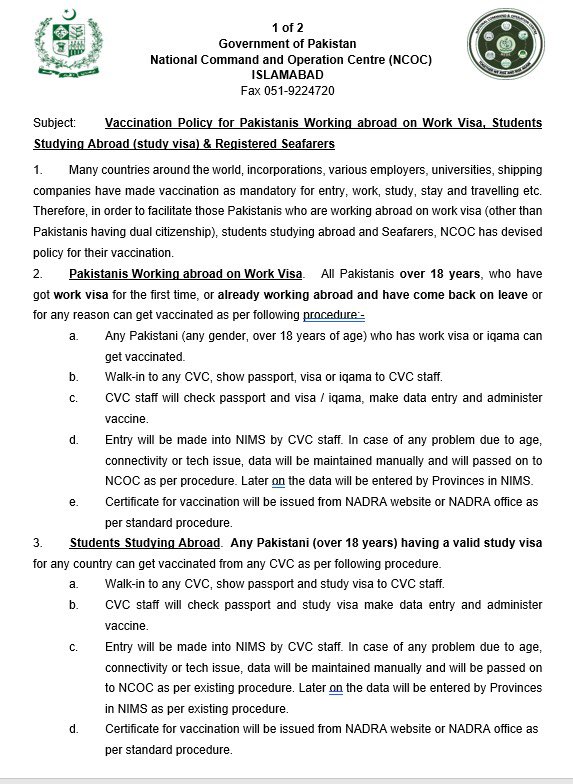 NFRCCofficial's tweet photo. NCOC allows walk-in vaccination for all 18 years and above Pakistanis working abroad on work visa / aqama,  Students studying abroad and Seafarers. Simply walk in to any CVC, show valid visa and get vaccinated. Detailed procedure attached. https://t.co/bxgDyHx2Ol