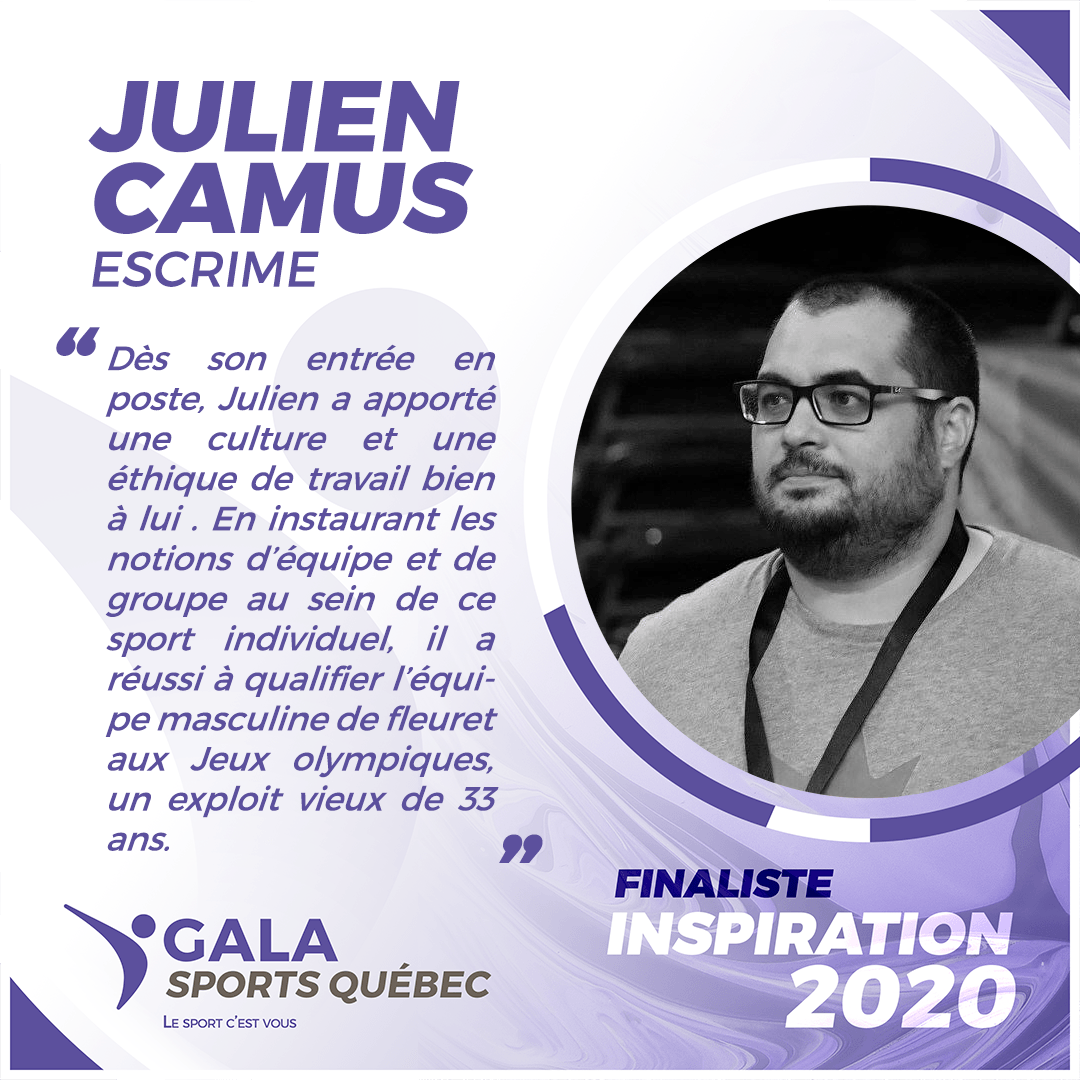 GALA SPORTS QUÉBEC 2021.

Félicitations à notre entraineur provincial, Julien Camus, finaliste au Gala@sportsquebec dans la catégorie Inspiration 2020  #ga........ : escrimequebec.qc.ca/gala-sports-qu…

#escrime