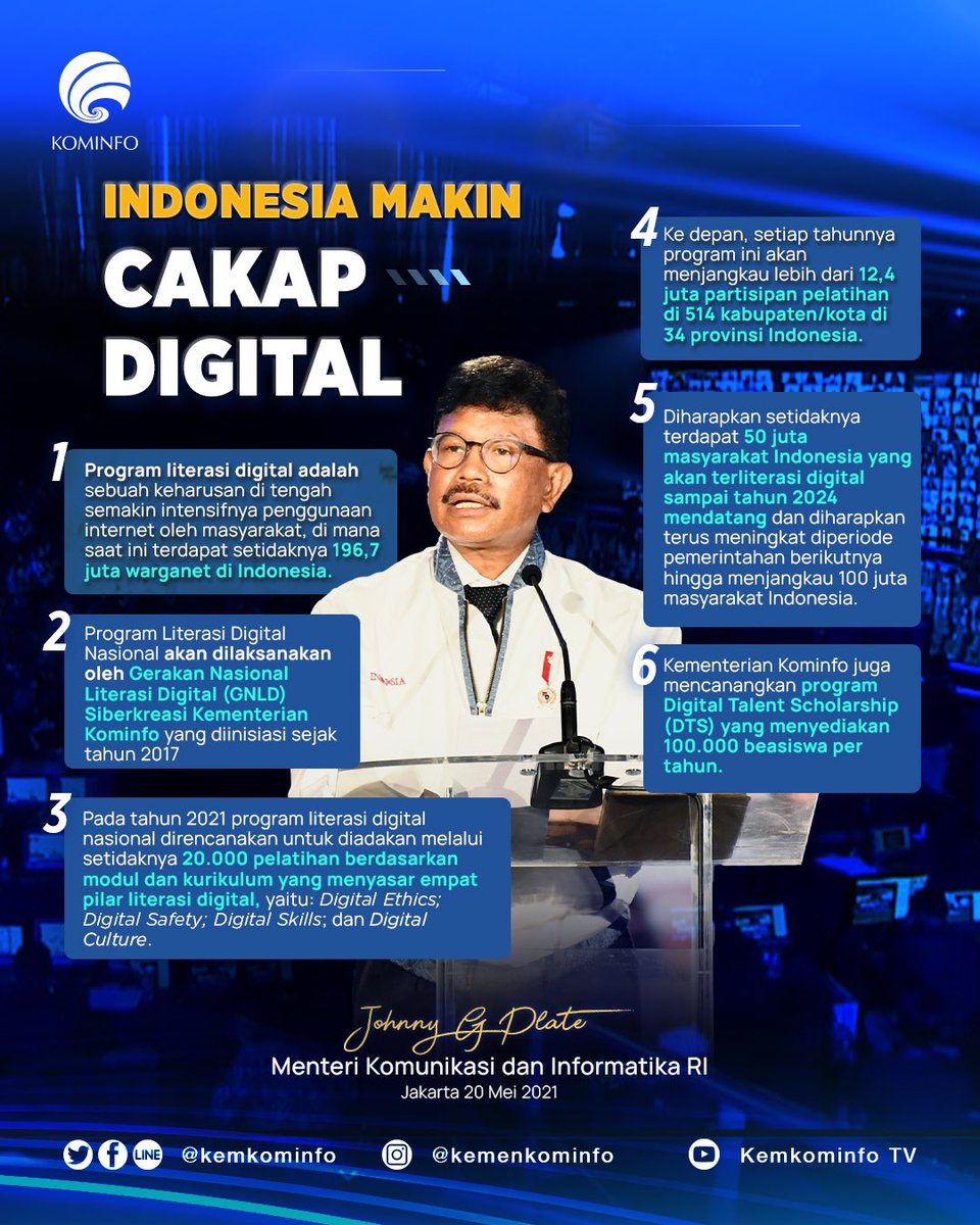Kementerian Komunikasi dan Digital (@kemkomdigi) on Twitter photo Buat yang masih ingin mengetahui lebih lanjut seperti apa program ini?? Simak 6 poin utama yang diungkapkan oleh Menteri Kominfo <a href="/PlateJohnny/">Johnny G Plate</a>
dalam sambutannya tadi pagi.
#BersamaKominfo #SemakinDigital #SemakinMaju Buat yang masih ingin mengetahui lebih lanjut seperti apa program ini?? Simak 6 poin utama yang diungkapkan oleh Menteri Kominfo <a href="/PlateJohnny/">Johnny G Plate</a>
dalam sambutannya tadi pagi.
#BersamaKominfo #SemakinDigital #SemakinMaju