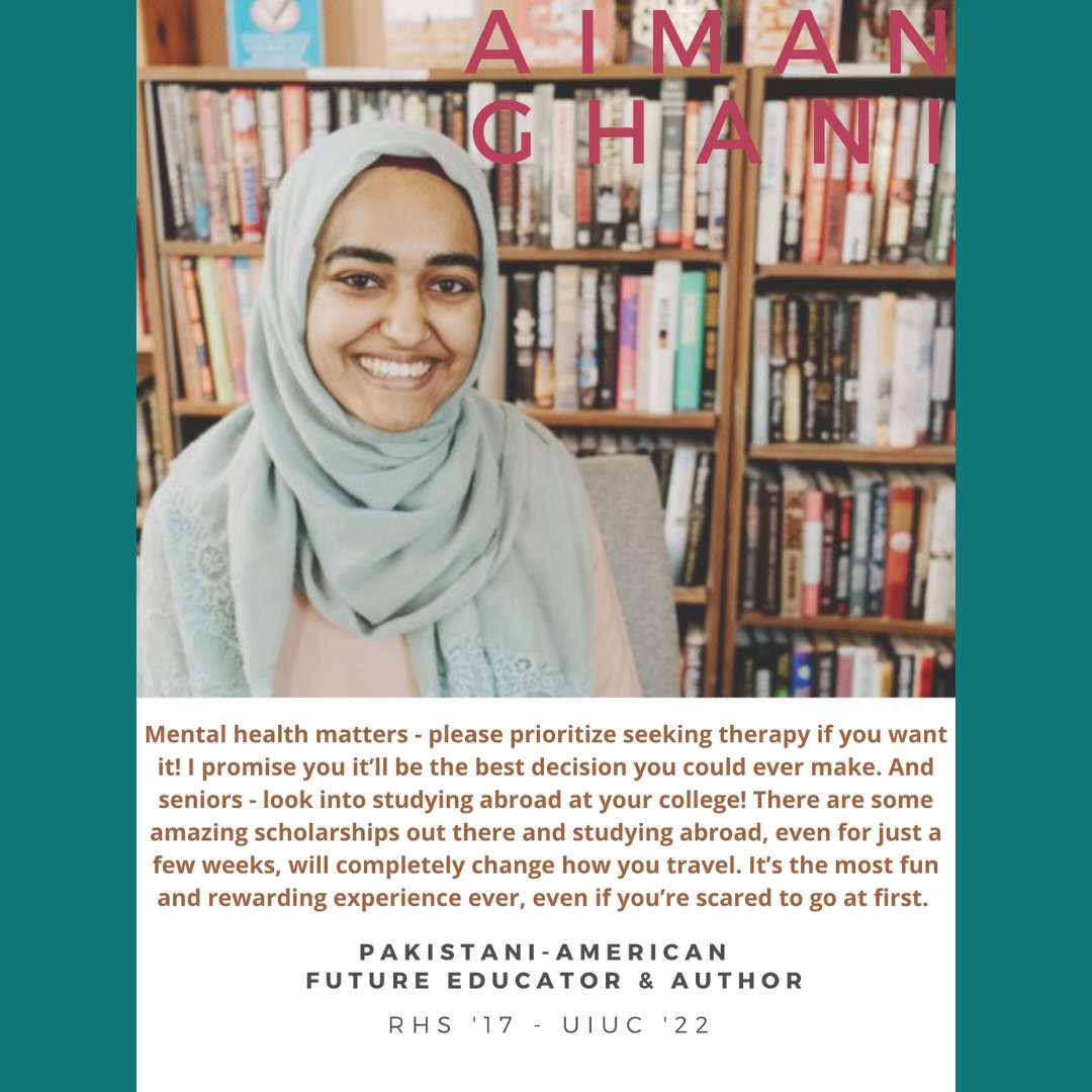 RomeoMathDept's tweet photo. "Mental health matters - please prioritize seeking therapy if you want it! ... Seniors -look into studying abroad at your college! ... It's the most fun and rewarding experience..."
Aiman Ghani, RHS '17, UIUC '22
#AAPIM #FutureTeacher #RHS #STEAM https://t.co/nNsnWHvIzn
