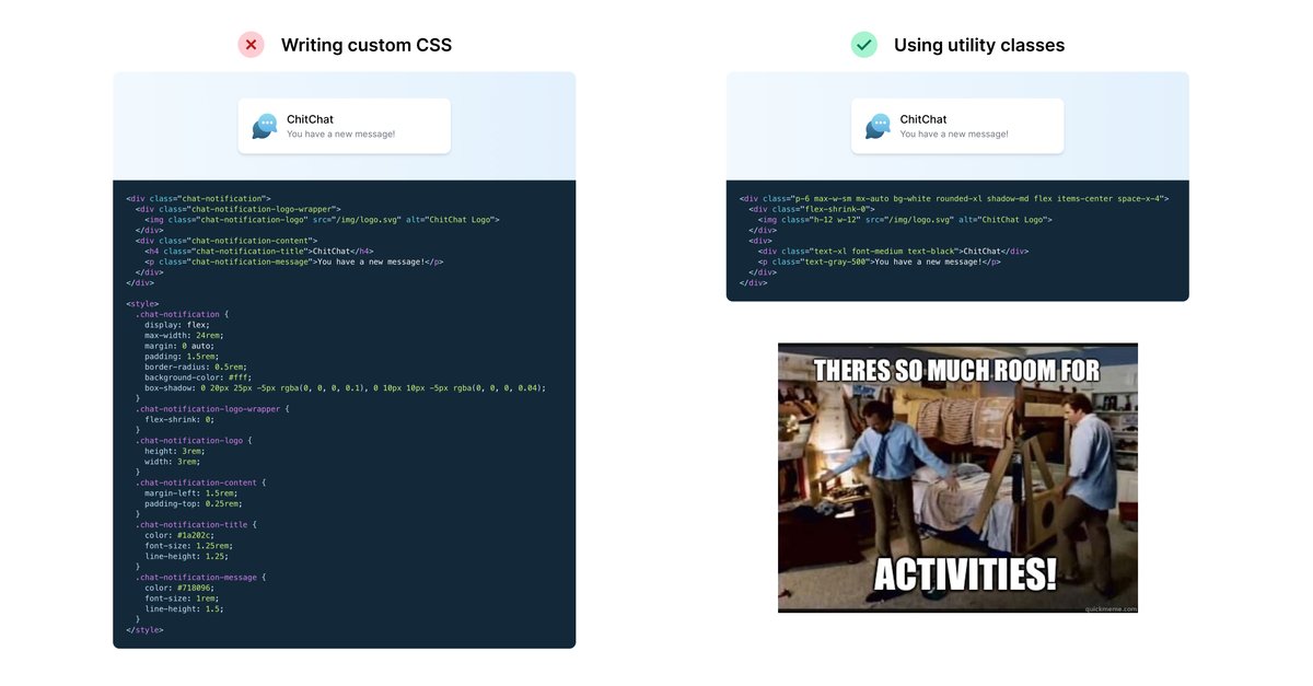 adamwathan's tweet photo. Tailwind looks a lot like just moving all the CSS to your HTML, except with a weird extra syntax to learn. Why not just write the CSS?

Compare the amount of code you have to write using raw CSS vs. utilities 👇

And the absolute hardest part (naming classes) totally goes away. https://t.co/Jp3R2smePR