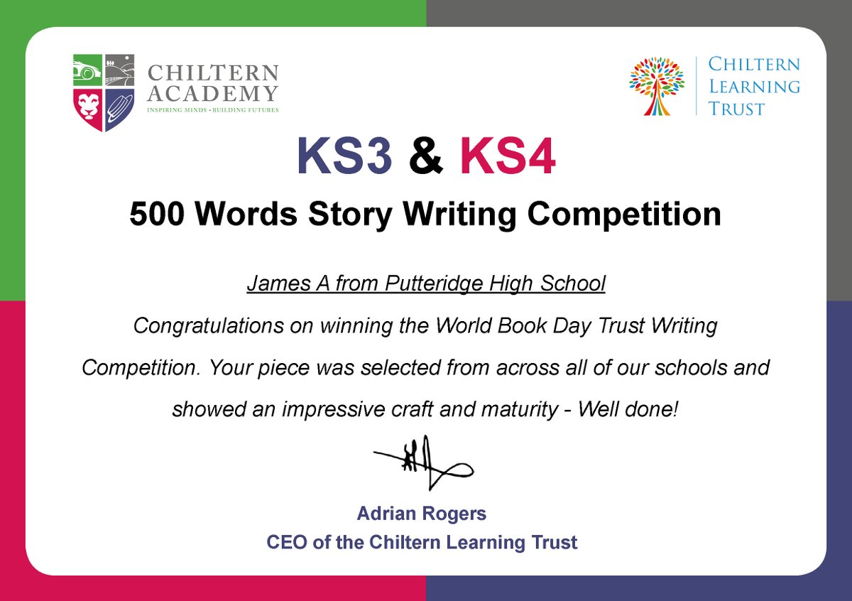 ChilternLT's tweet photo. Congratulations to our two winners of the Trust WDB Writing Competition! Their stories were shortlisted from across the schools and were beyond impressive! @NicolaKH_SLE @PutteridgeHSch @ChilternA https://t.co/amDyMs8RXT