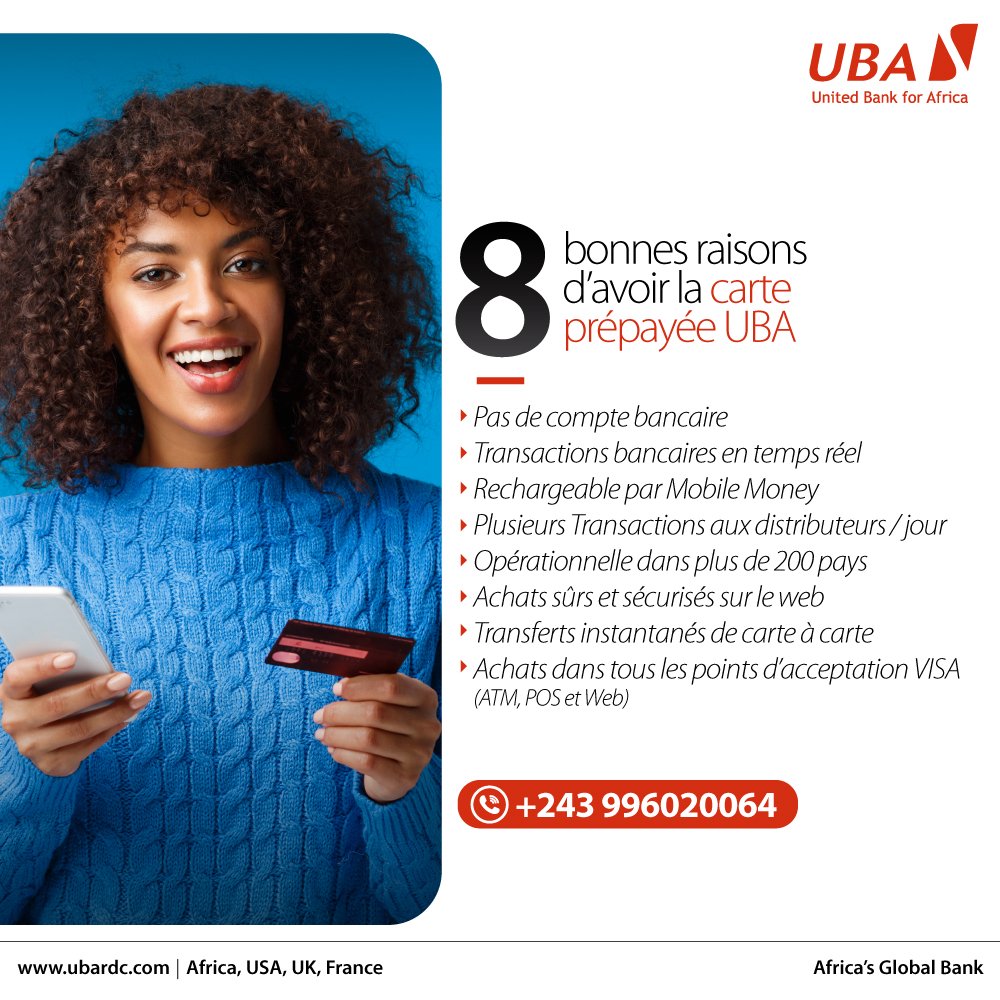 UBARDC's tweet photo. Simplifiez-vous la vie en vous procurant la carte prépayée de UBA. Elle est très pratique, s'obtient en moins de 20 min et est à 20$ seulement!
#DigitalBanking
#Carteprépayée
#UBARDC
#AfricasGlobalBank https://t.co/KJGYqxluEe