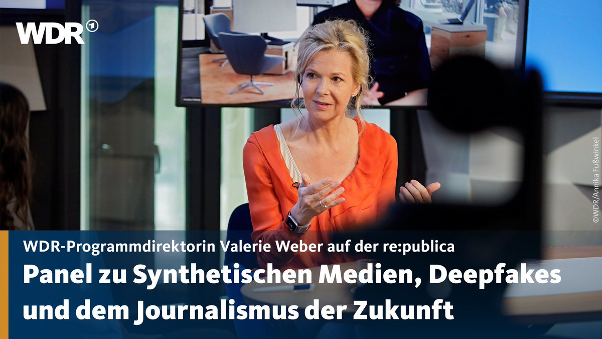Auf der #rp21 präsentiert der WDR heute Nachmittag einen KI-Prototypen und diskutiert über die Zukunft Synthetischer Medien. Mit WDR-Programmdirektorin Valerie Weber, <a href="/NeuSteffi/">Steffi Neu</a> und @Wortflut. Moderiert wird das Panel von <a href="/DonyaFarahani/">Donya Farahani</a> ▶ presse.wdr.de/plounge/wdr/pr… #MeanTime #MCB21